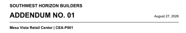 Southwest Horizon Builders Addendum No. 01, selected document heading.