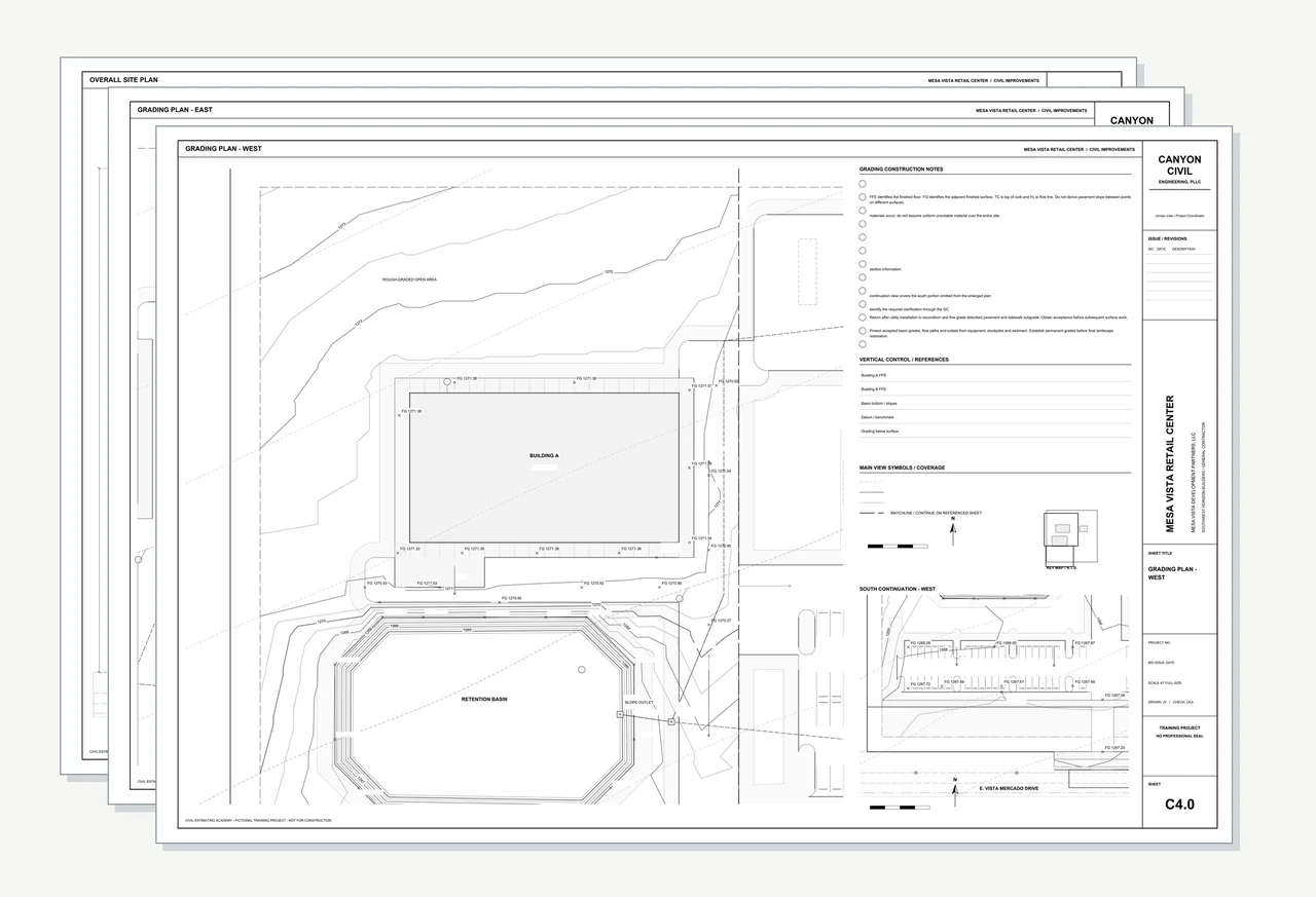 Mesa Vista Retail Center civil plan document stack, selected preview with instructional values omitted.