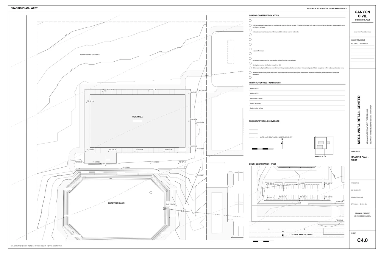 Mesa Vista Retail Center civil grading sheet, selected preview with instructional values omitted.